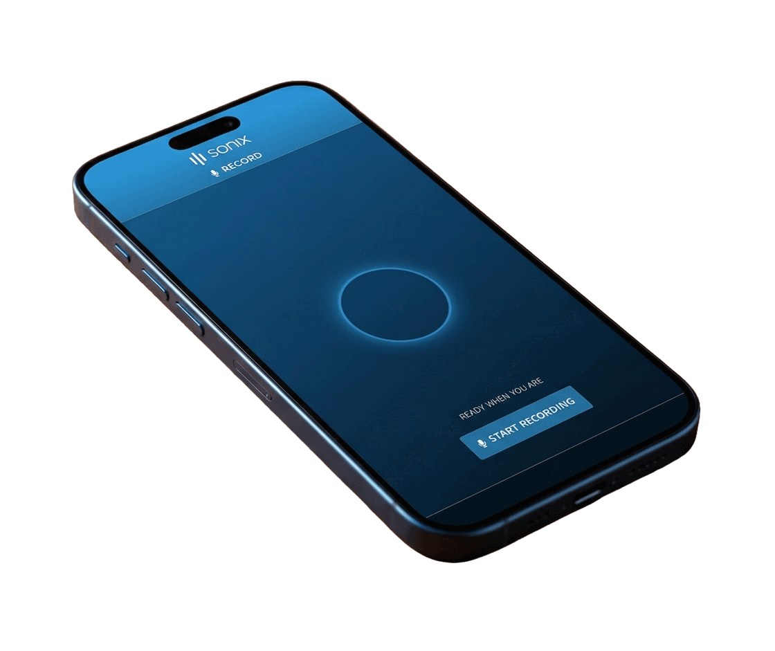 SanitaAl Recorder mobile app interface showing audio recording and automatic transcription features