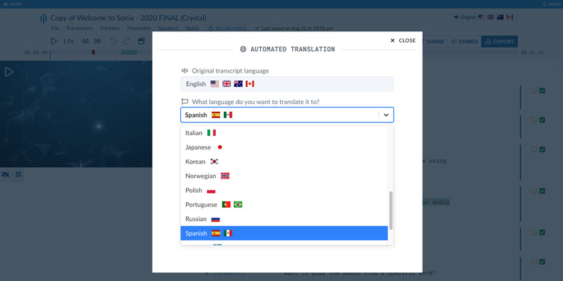 SanitaAl translation language selection showing 54+ supported languages